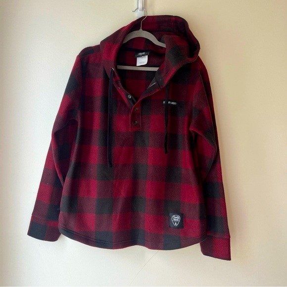 Country Liberty Hoodie XS Red Black Buffalo Plaid Fleece Pullover Unisex Cozy - Picture 1 of 13